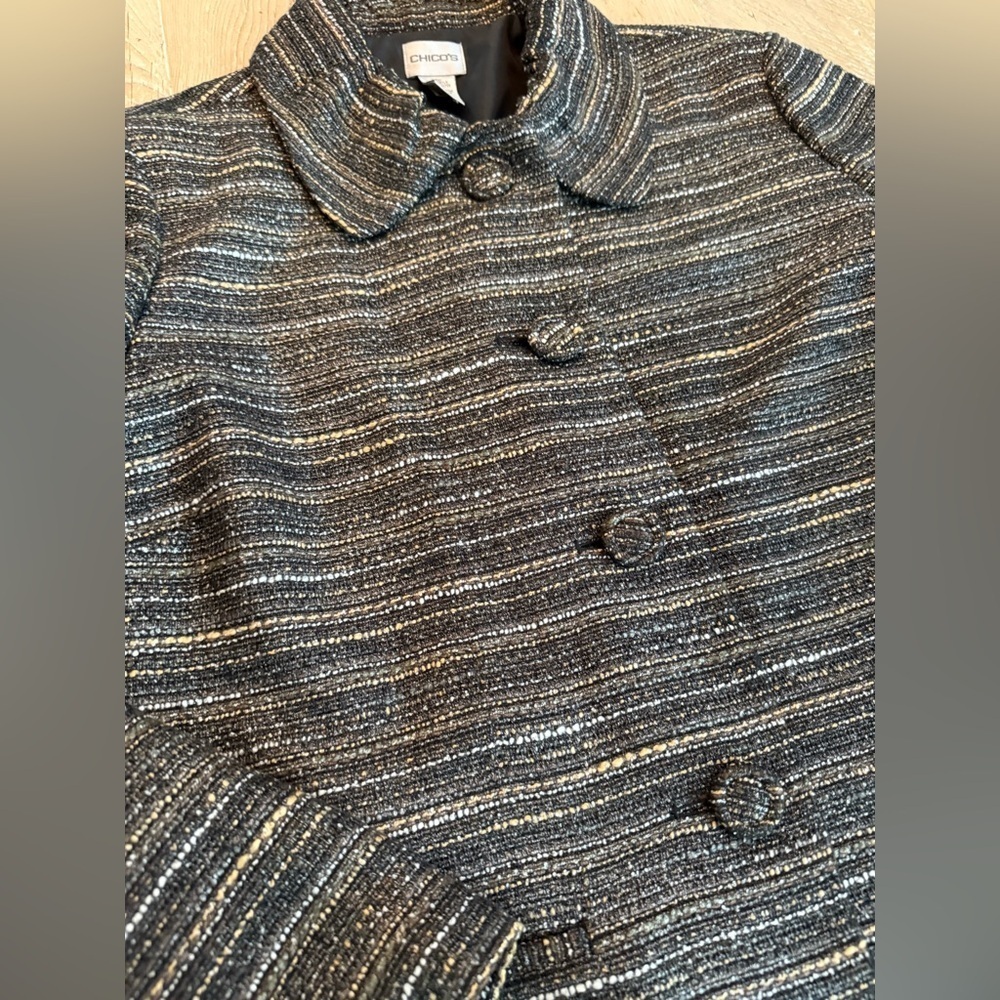 Chico's Women's Black Gray Striped Jacket  gathered collar Chicos size 2 (US 12) - Picture 2 of 9